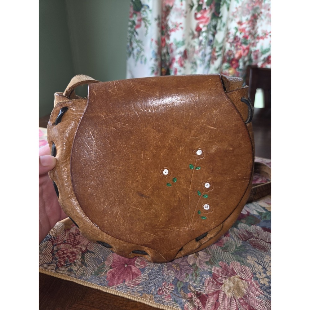 Vintage 70s Hand Tooled Leather Saddle Bag Painted Floral Boho Hippie Purse